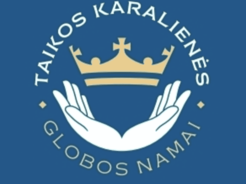 Logo against a blue background featuring a golden crown and open white hands below it. The text 